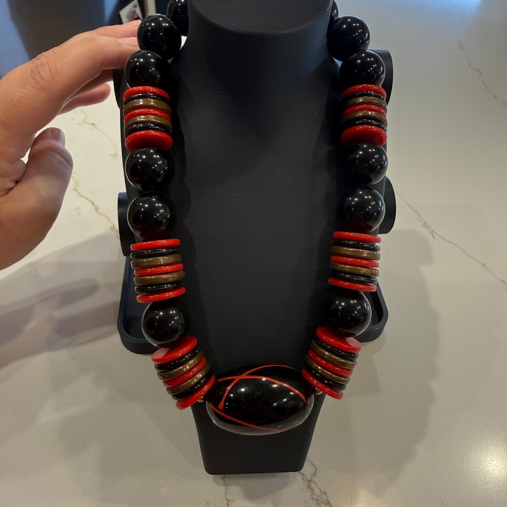 Vintage Style Chunky Black Red Beaded Statement Necklace Maximalist Art Jewelry